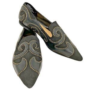Shoedazzle Sheyanne Black Faux Suede & Leather Gold Studded Flats Shoes US 7.5M